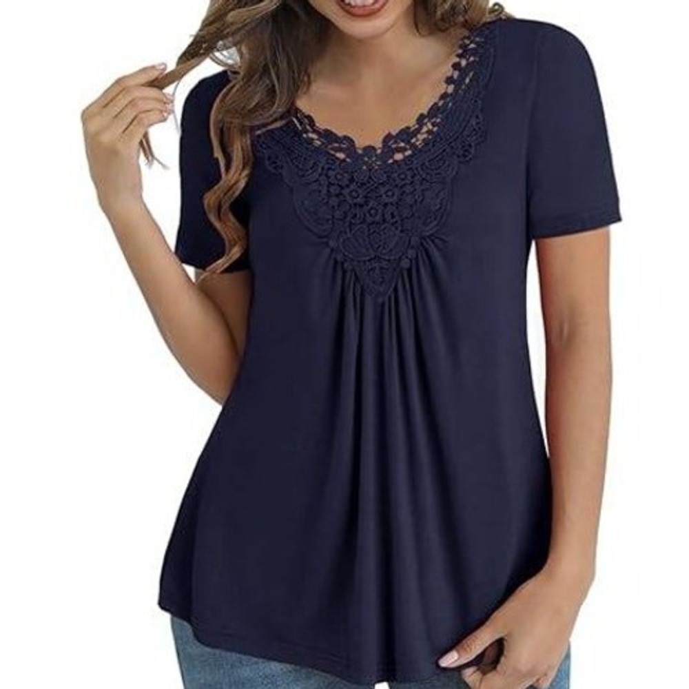 Tralilbee Navy Blue Crochet V-Neck Short Sleeve Top Blouse Plus Size 3X‎